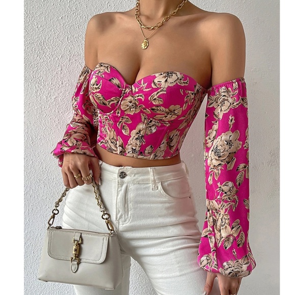Boho Floral Print Lace up Off Shoulder Corset Top - Picture 15 of 15